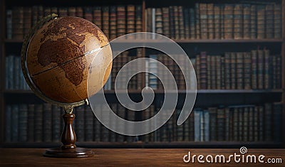 Old geographic globe in the cabinet against the background of bookselfs.Science, education, travel, vintage background. History Stock Photo