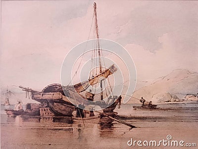 Old George Chinnery Ink Pencil Sketch Macau Landscape Boat Fisherman Tanka Sampan Drawing Portuguese Macao Vintage Antique Print Editorial Stock Photo