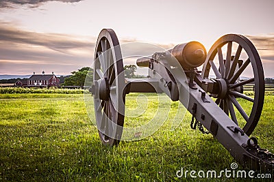 Gettysburg Cannon and Barn at Sunset Stock Photo