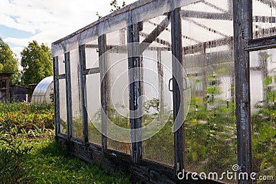 Old glass greenhouse in a garden Stock Photo