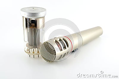 Old glass triode (valve) and microphone Stock Photo