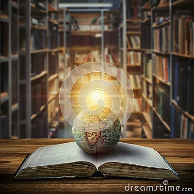 An old globe lying on an open book against the background of bookshelves in a library. Selective focus. Retro style. Science, Stock Photo