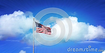 Proud to be the glory of `Old Glory`, American flag highlighted by cumulus cloud and a deep blue sky. Stock Photo