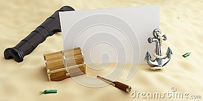 Old gold spyglass and anchor, hidden treasures 3D illustration, 3D rendering Cartoon Illustration