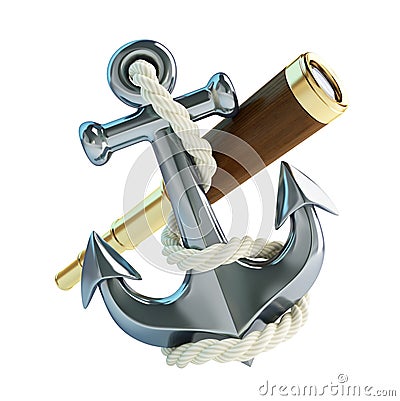 Old gold spyglass and anchor on a white background 3D illustration, 3D rendering Cartoon Illustration