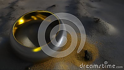 An old golden ring lies among the stones on the gray earth. The lost ring lies on the dirty ground. Generated AI. Stock Photo