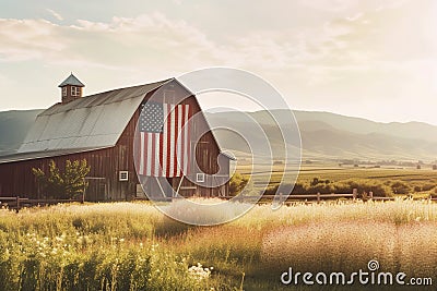 An old grain barn in the American countryside, with a large patriotic American flag. Ai generated Stock Photo