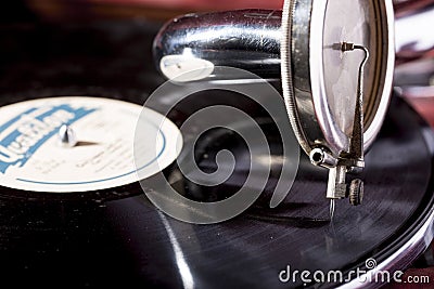 Old gramophon with vinyl record Stock Photo