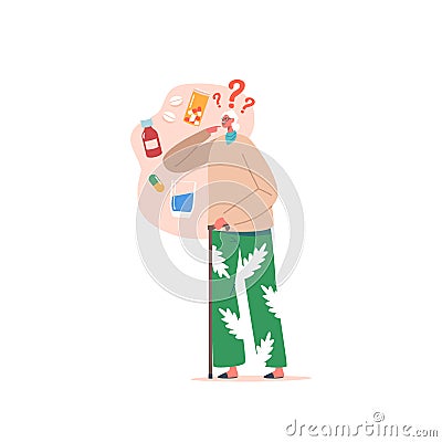 Old Grandmother Character Trying to Remember if she apply Medicine Pills. Senior Woman Suffer of Alzheimer Disease Vector Illustration