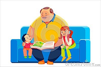 Old grandparent with grandchildren sitting on couch at home and reading book. Grandfather, grandson and granddaughter Vector Illustration