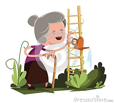 Old granny watering garden illustration cartoon character Cartoon Illustration