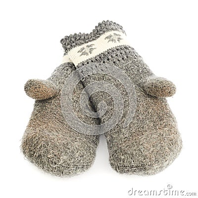 Old gray frayed mitten isolated Stock Photo