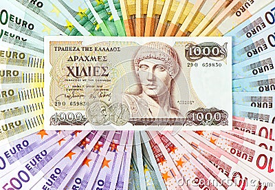 Old greek drachma and euro cash notes. euro money crisis Stock Photo