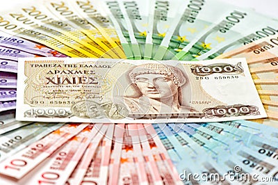 Old greek drachma and euro money cash banknotes. euro crisis concept Stock Photo