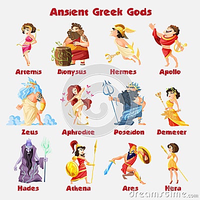 Old greek gods cartoon figures set with dionysus zeus poseidon aphrodite apollo athena illustration Cartoon Illustration