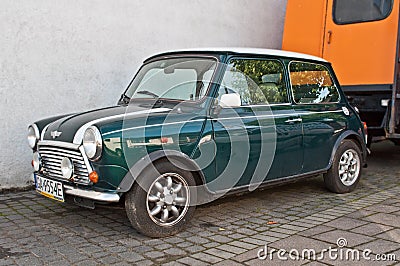 Old green Morris Mini Cooper parked Editorial Stock Photo