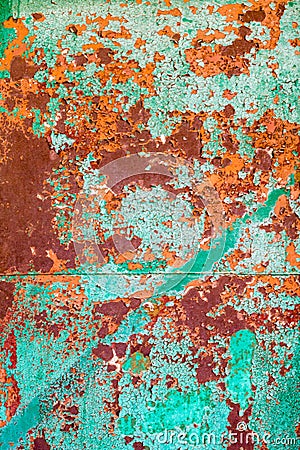Old green paint on the metal and drips of rust. grunge vintage texture for background Stock Photo