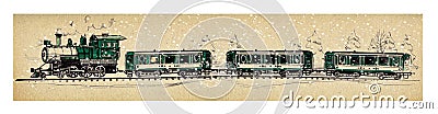 Old green steam train and three cars under falling snow in a snowy forest. Drawing a ballpoint pen and felt-tip pen Stock Photo