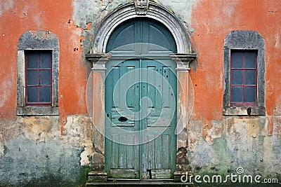 Old green wooden door on an orange wall in Venice, Italy Cartoon Illustration