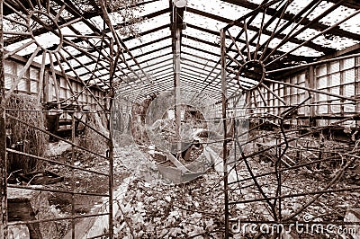 Old greenhouse building in Chernobyl Exclusion Zone, Pripyat, Ukraine. Vintage filter Stock Photo