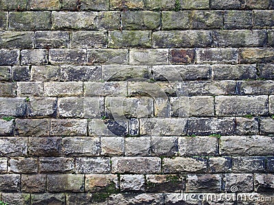An old grey damp stone wall made of large regular blocks covered in patches of moss Stock Photo