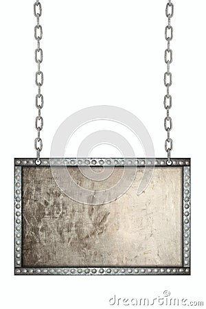 Old grunge aluminum plate signboard hanging on chains isolated Stock Photo