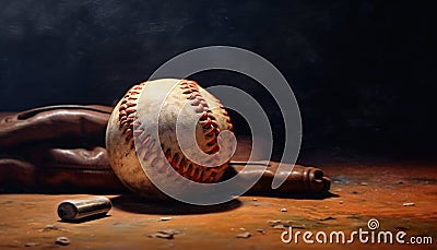 Old grunge baseball equipment glove, bat, and sphere hitting dirt generated by AI Stock Photo