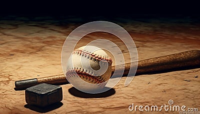 Old grunge baseball equipment hits success on stained infield grass generated by AI Stock Photo