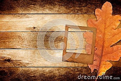 Old grunge paper slide with autumn oak leaves Stock Photo