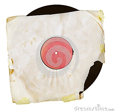 Old grungy vinyl record with yellowed torn inner sleeve, free copy space, isolated on white Stock Photo