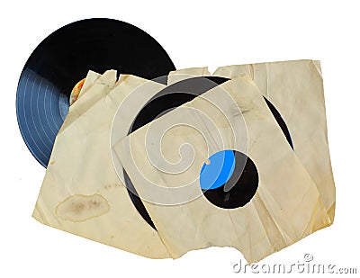 Old grungy vinyl records with yellowed torn inner sleeves,isolated on white, copy space Stock Photo