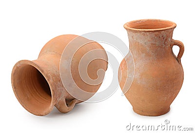 Old handmade clay jugs isolated on white Stock Photo