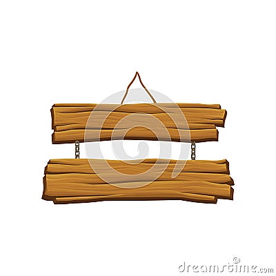 Old hanging wooden signboard. Brown textured boards. Two planks connected by chains. Sign with place for your messages Vector Illustration