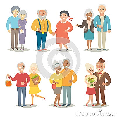 Old happy family. Pensioner happy family. Cartoon characters happy pensioner family. Vector Illustration