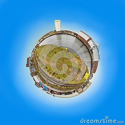 Old harbor in Dortmund as tiny planet with old dock buildings and rotten painted walls Editorial Stock Photo