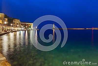 Old harbour with Lighthouse, Chania, Crete, Greece Stock Photo