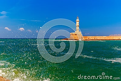 Old harbour with Lighthouse, Chania, Crete, Greece Stock Photo