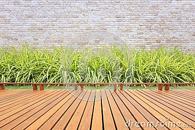 Wooden decking or flooring and plant in garden decorative Stock Photo