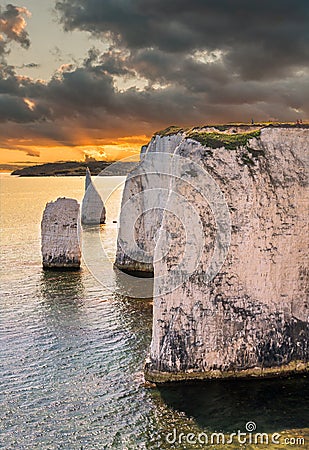 Old Harry Rocks in sunset chalk formation in Dorset Stock Photo