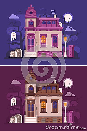 Old Haunted Mansion or Ghost House Scene Vector Illustration