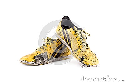 old heels shoelace futsal shoes on white background soccer sportware object isolated Stock Photo