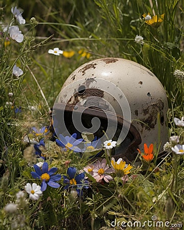 An old helmet and fatigues buried in the midst of an array of wildflowers Abandoned landscape. AI generation Stock Photo