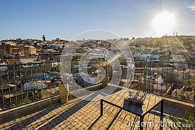 Old historic downtown called medina seen from rooftop terrace in the heart of Fez, Morocco Stock Photo