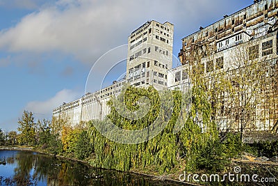 The old historic vintage silo No five and a water bassin in Montreal Old Port Stock Photo