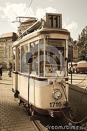 Old historic vintage street car in Dresden Editorial Stock Photo