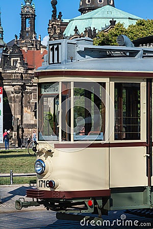 Old historic vintage street car in Dresden Editorial Stock Photo