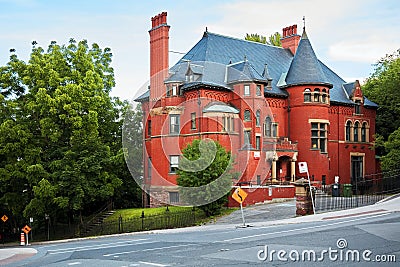 Old historical Victorian house with red brick walls in Montreal, Quebec, Canada Editorial Stock Photo