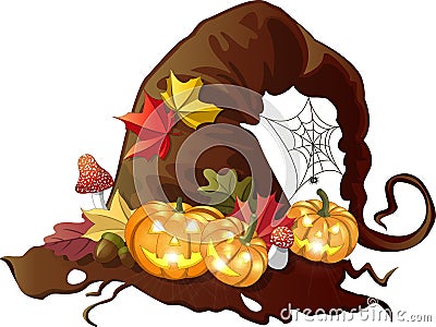 Old holed witch hat with halloween pumpkins, autumn leaves, fly agarics and spiderweb on isolated background Vector Illustration