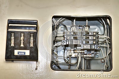 Old house electrical control panel Stock Photo