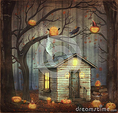 Old House in a fairytale forest among trees,halloween pumpkins Stock Photo